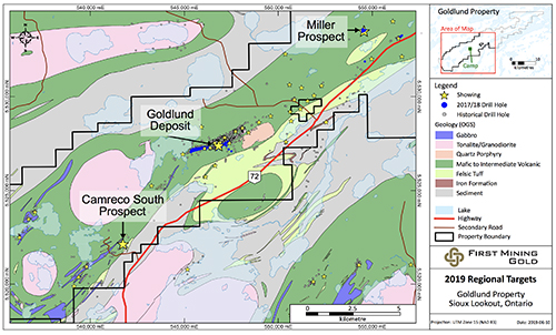 Plan map showing the location of the Goldlund, Miller and Camreco South targets