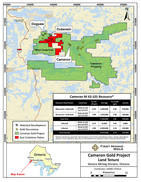 Plan map showing the location of the Cameron project and the East Cedartree claims: