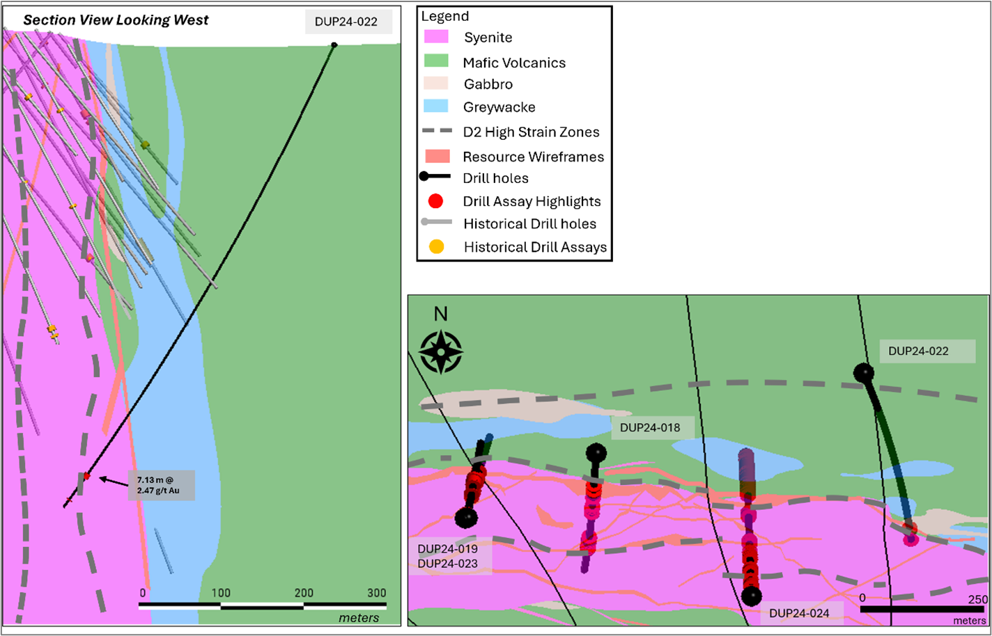North Zone Target - DUP24-022 is a step-out hole towards the east of the previously announced DUP24-018 and DUP24-019. Significant intercepts are highlighted downhole, with higher-grade zones identified along the contact of the syenite and the sheared basalt unit. The mafic unit intercepted in DUP24-022 will be refined in the upcoming geological model updates. This cross section is looking west.