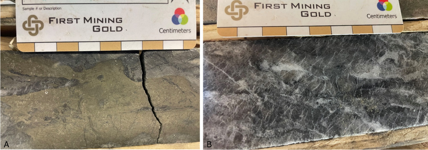 Close-up photo of pyrite mineralization in the mafic volcanics and higher-grade mineralization from drill hole DUP24-024 at 518.5 m which was targeting the North Zone. (B) Close- up photo of mineralized quartz carbonate veining from drill hole DUP24-024 at 449 m which was targeting the North Zone and has higher grade mineralisation associated with it.