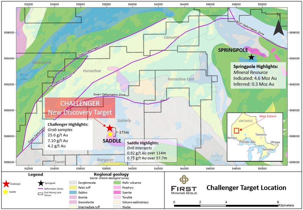 Challenger Discovery and Saddle Target Location, 12 km SW of the Springpole Deposit