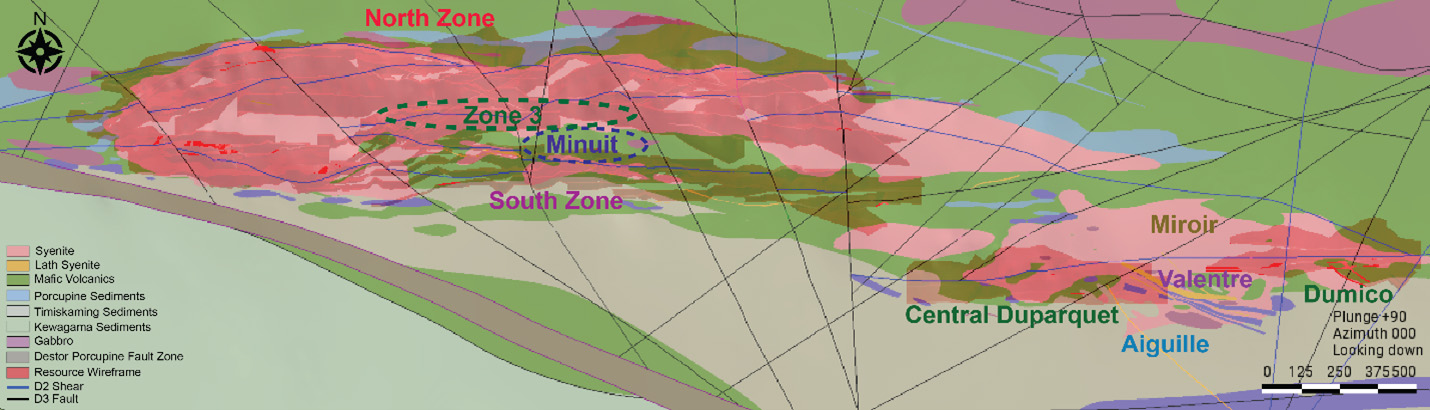 Plan View Map, Highlighting the North Zone, South Zone and Minuit Target Locations
